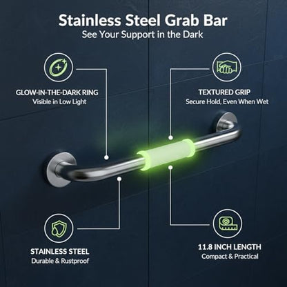 Stainless Steel Shower Grab Bar with Luminous Ring, Textured Non-Slip Bathroom Rail, 11.8 Inch White