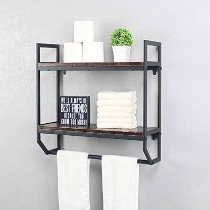 2-Tier Metal Industrial 23.6" Bathroom Shelves Wall Mounted,Rustic Wall Shelf Over Toilet,Towel Rack with Towel Bar,Utility Storage Shelf Rack, Floating Shelves Towel Holder,Retro Black - color: A