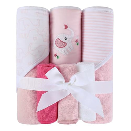 Softan Baby Hooded Towels and Washcloths Set 6 Pack, 28x28 Ultra Soft & Absorbent Baby Bath Towels for Newborn Infant Toddler, Unisex Boys Girls (Pink Elephant) - color: Pink Elephant