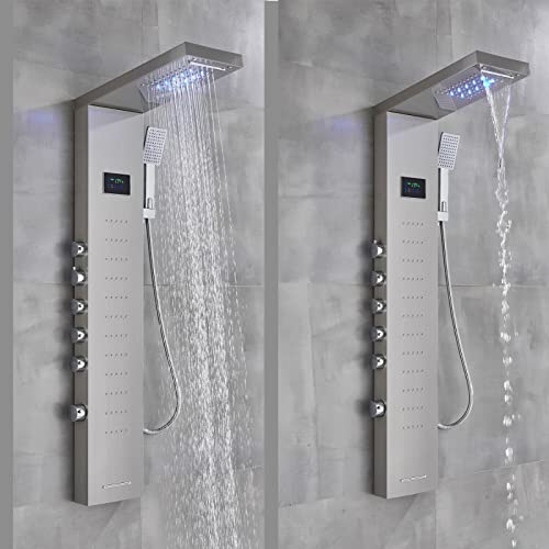 LED Light Shower Panel Tower Rainfall Waterfall Shower Head with Massager Jets Body System Jet Black B (Color : Brushed Nickel C) - color: Brushed Nickel C
