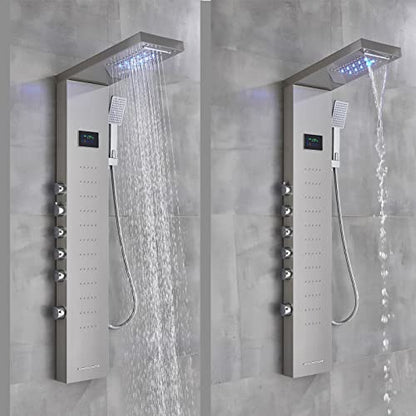 LED Light Shower Panel Tower Rainfall Waterfall Shower Head with Massager Jets Body System Jet Black B (Color : Brushed Nickel C) - color: Brushed Nickel C