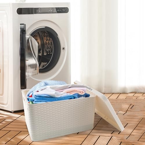Laundry Hamper with Lid, Plastic Laundry Baskets, Dirty Clothes Hamper, Hampers for Bedroom and Bathroom, Large Capacity Clothing Storage Bin for Closet Organization, Space Saving Design