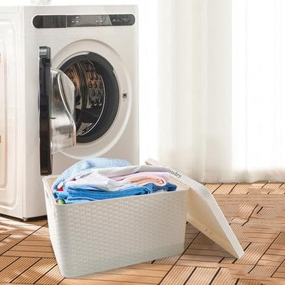 Laundry Hamper with Lid, Plastic Laundry Baskets, Dirty Clothes Hamper, Hampers for Bedroom and Bathroom, Large Capacity Clothing Storage Bin for Closet Organization, Space Saving Design