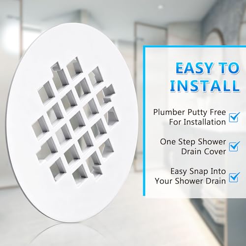 2 Pack 4-1/4 Snap in Shower Drain Cove White,PVC Plastic | Round Strainer Drain Grid, Bathroom Shower Grate Cap Replacement for Hair Catcher - color: White