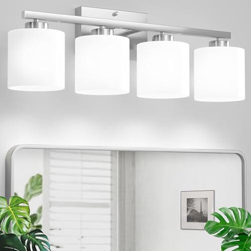 Honesorn 4-Light Bathroom Light Fixtures Over Mirror, Brushed Nickel | Bathroom Light with Milky White Frosted Shades, Anti-Rust Finish, E26 Socket(Bulbs Not Included) - color: Brushed Nickel, size: 4-Light