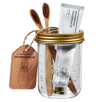 Amolliar Mason Jar Bathroom Accessories Set, 4 Pcs Glass Bathroom Set, Gold | Lotion Soap Dispenser, 2 Cotton Swab Holder, Toothbrush Holder, Farmhouse Rustic Bathroom Decor, Countertop Vanity Organizer - size: Gold, style: Standard-mouth