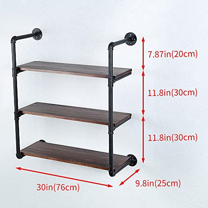 Industrial Pipe Shelves With Wood Planks,Rustic Pipe Shelving Wall Shelf | Metal Pipe Solid Pine Wood,Easy to Assemble,Wooden Board Thickness 0.78 In,For Bar Farmhouse Kitchen Office Bathroom,Bedroom - color: 3-layer, size: 30in