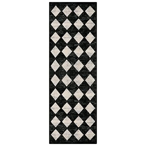 Checkered Kitchen Runner Rug 2x6 Black, Non Slip Washable Hallway Bathroom - color: Black, size: 2' x 6' (Runner)