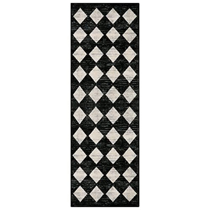 Checkered Kitchen Runner Rug 2x6 Black, Non Slip Washable Hallway Bathroom - color: Black, size: 2' x 6' (Runner)