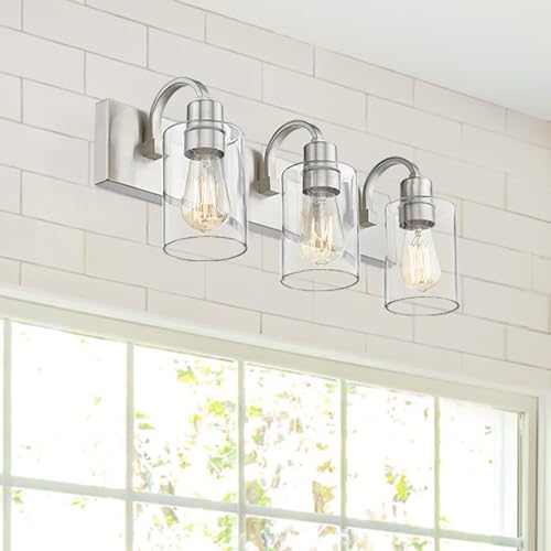 Emliviar 3-Light Vanity Light Fixture - Modern Bathroom Light Fixtures Over Mirror, Brushed Nickel Finish with Clear Glass, YCE237B-3W BN - color: Brushed Nickel - Clear Glass, size: 3-Light