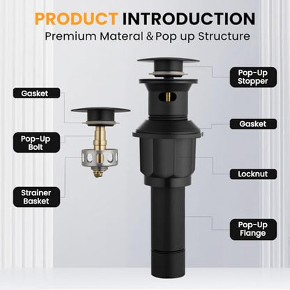 Bathroom Sink Drain with Overflow, Pop Up Drain for Bathroom Sink with Removable Hair Catcher, Matte Black 304 Stainless Steel Bathroom Sink Stopper, Fits 1-1/2" to 1-3/4" Drain Openings - color: Matte Black, style: Big Popup Cap