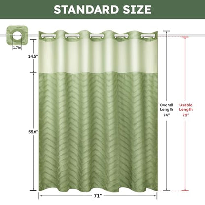 FADOTY Green No Hook Shower Curtain Set with Snap in Liner, 71'' x 74'' | Bathroom Hotel Fabric Curtain, Waterproof Washable Liner, See Through Top Window, Ringless Chevron Tufted Cloth Curtain - color: Sage Green, size: 71"W x 74"L (Pack of 1)