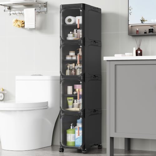 BROVIEW 4-Tier Narrow Storage Cabinet Organizer Slim Bathroom Cabinets,Adjustable Fridge & Vanity Gap Storage, Black - color: Black, size: 4-Tier-8.5"W