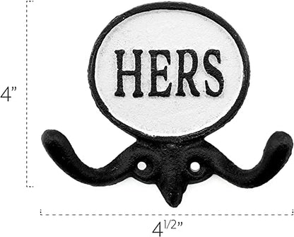 AuldHome Design His and Hers Towel Hooks (Set of 2); Cast Iron Rustic Farmhouse Decor Door Wall Hangers