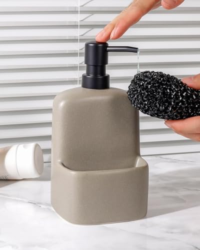 BosilunLife Dish Soap Dispenser - Matte Silver Grey Ceramic Kitchen Soap Dispenser with Sponge Holder Matte Ceramic Soap Daddy Dispenser 20oz for Kitchen Soap Pump and Sponges Caddy - color: Matte Silver Grey