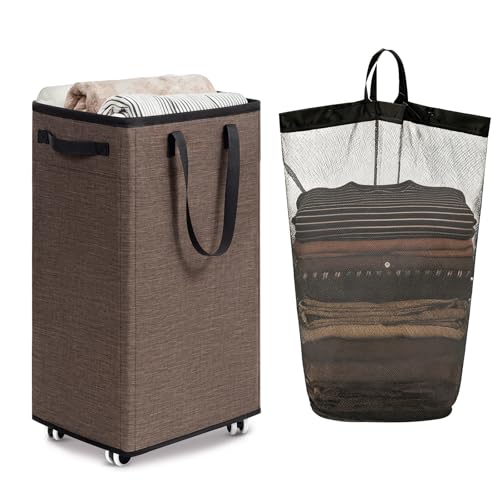 Goodpick 75L Collapsible Laundry Baskets with Removable Wash Bag and Wheels | Laundry Basket with Wheels, Rolling Laundry Hamper with Handle for College Dorm, Laundry Hamper on Wheels, Light Brown - color: Light Brown