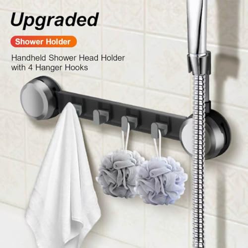 Shower Head Holder Suction Cup with 4 Hanger Hook Wall Mount - 2 in 1 Design - No-Drill Strong Adhesive Shower Wand Bracket - Adjustable Handheld Shower Head Mount - Gun Gray - color: Gun Gray