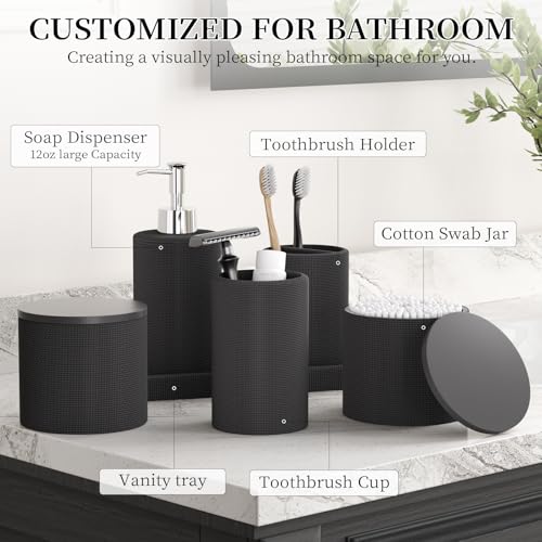 6-Piece Black Bathroom Set - Mesh Textured Resin Bathroom Accessories Set with Soap Dispenser, Toothbrush Holder, Cup, Vanity Tray & Apothecary Jars for Small Spaces - color: Black - Mesh Textured