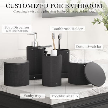 6-Piece Black Bathroom Set - Mesh Textured Resin Bathroom Accessories Set with Soap Dispenser, Toothbrush Holder, Cup, Vanity Tray & Apothecary Jars for Small Spaces - color: Black - Mesh Textured