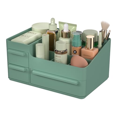 Green Makeup Organizer Countertop for Vanity: Bathroom Counter Storage | Multi Compartment Skincare Box with Drawer for Desktop Dresser Table