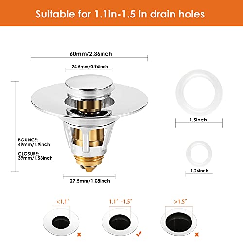 Universal Bathroom Sink Stopper, Basin Pop-up Bathroom Sink Drain Strainer, Bathroom Drain Stopper with Stainless Steel Hair Catcher for 1.1-1.5 Inch Drain(1 PCS, Silver) - color: Chrome Silver