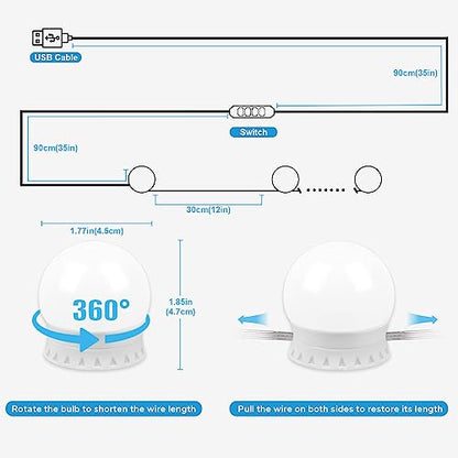 LED Vanity Lights For Mirror, Vanity Lights Stick on with 10 Dimmable Bulbs | 3000K 4000K 6500K & 10 Level Brightness Adjustable, USB Cable, Hollywood Mirror Lights for Makeup Dressing Room Bathroom - size: 10 Lights (White)