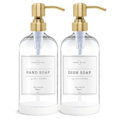 Vine Creations Clear Glass Soap Dispenser, 2 Pack Kitchen Soap Dispenser Set with Stainless Steel Pump, 16 oz Dish Soap and Hand Soap Dispensers for Bathroom with Waterproof Labels - color: Clear Bottle / Brushed Gold Pump