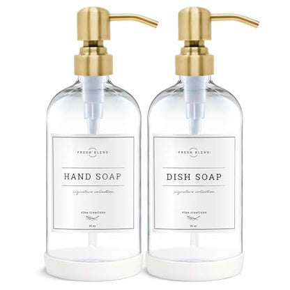 Vine Creations Clear Glass Soap Dispenser, 2 Pack Kitchen Soap Dispenser Set with Stainless Steel Pump, 16 oz Dish Soap and Hand Soap Dispensers for Bathroom with Waterproof Labels - color: Clear Bottle / Brushed Gold Pump