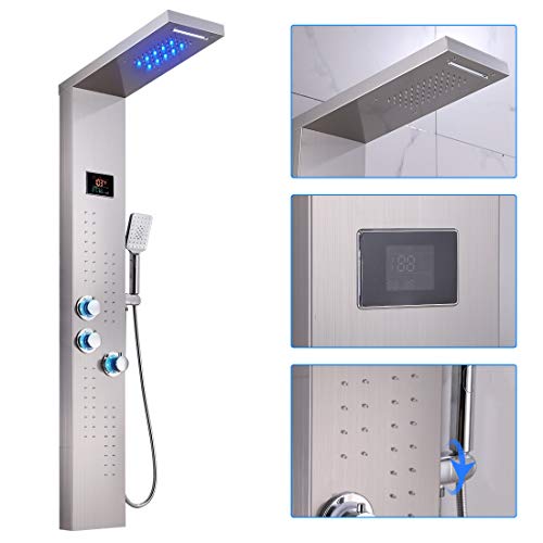 ELLO&ALLO LED Thermostatic Shower Panel Tower System, Rainfall Waterfall Shower Head Rain Massage System with Body Jets - color: Brushed Nickel