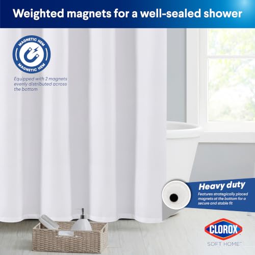 Clorox 2-in-1 Bathroom Shower Curtain Liner, Durable Fabric, Weighted Magnets for Bath Water Control, Washable Premium Quality, Extra Long, Modern - 72" x 78" White - color: White - Extra Long