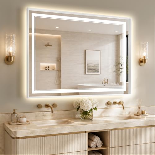 36"x48" LED Bathroom Mirror with Lights, Backlit + Front Lit, Anti-Fog, Lighted Bathroom Mirror with One-Piece Aluminum Alloy Frame, HD Shatterproof Tempered Glass, Dimmable, Memory Function - color: White, size: 48"L x 36"W