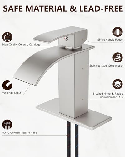 Midanya Waterfall Bathroom Faucet 1 Hole,Brushed Nickel | with 24” Hoses,Pop Up Drain,6” Deck Plate,for 1 or 3 Hole Vanity,Lavatory,RV,Single Handle Bathroom Sink Faucet,NSF Certified - color: Nickel
