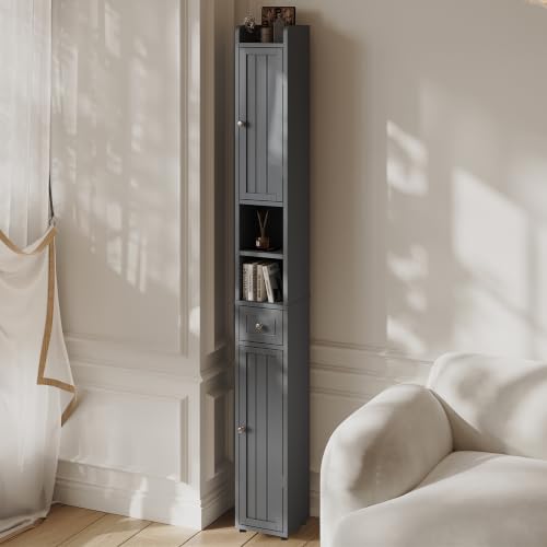 ChooChoo Narrow Bathroom Storage Cabinet with Adjustable Shelves and Drawer | Tall Slim Storage Cabinet, Freestanding Cupboard for Small Spaces, Grey