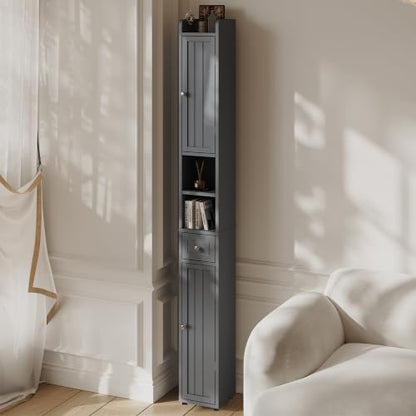 ChooChoo Narrow Bathroom Storage Cabinet with Adjustable Shelves and Drawer | Tall Slim Storage Cabinet, Freestanding Cupboard for Small Spaces, Grey