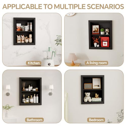 Solid Wood 14 X 18 Recessed Medicine Cabinet,2-Tier, Medicine Cabinet Organizer,Wall Niche, Bathroom Wall Cabinet Black - color: Black, size: Classic 2-Tier