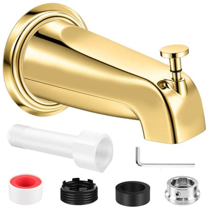 Universal Polished Gold Tub Spout with Diverter, Metal Cover and Adapter | Pull Down Bathroom Tub Faucet Replacement, for 1/2" Copper Pipe, 1/2" IPS & 3/4" IPS threaded, Bathtub Spout with Hex Wrench - color: Gold