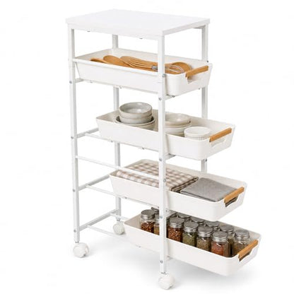 Garvee 5-Tier Slim Rolling Storage Cart, 9.5" Wooden Top Narrow Kitchen Carts on Wheels with Pull-Out Baskets, Mobile Shelving Unit Organizer for Kitchen, Bathroom, Laundry Room, Small Spaces