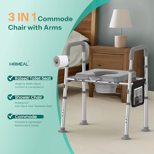HOMEAL Seat Riser for Seniors with Bucket, Adjustable Raised Toilet Seat with Handles, Supports 450LBS, Heavy-Duty 3in1 Bedside Commode Chair for Any Toilet, Shower & Bedside (Grey, with Bucket) - size: With Commode