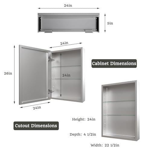 24 x 26 in Medicine Cabinet with Mirror and Side Panels, Silver | Surface or Recessed Medicine Cabinet Mirror with Storage, Adjustable Shelves, Aluminum Alloy Frame, Assembly Required - size: 24''x26"