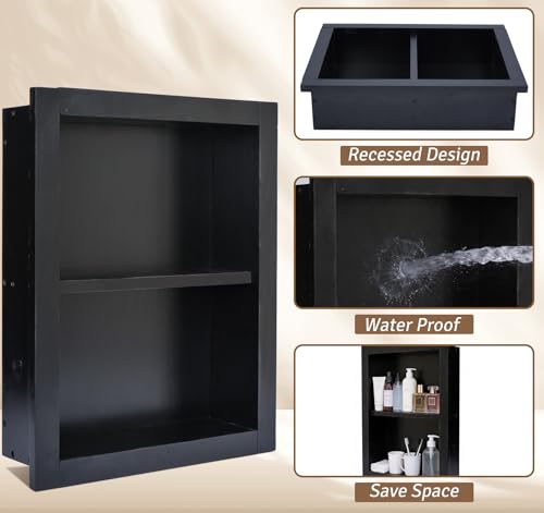 14''x18''Shower Niche, Wood Recessed Wall Niche Medicine Cabinets 2-Tier | Bathroom Niche Wooden Shower Niche Black Niche Cabinets for Living Room Bathroom Storage - size: 2-Tier