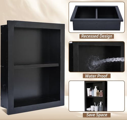 14''x18''Shower Niche, Wood Recessed Wall Niche Medicine Cabinets 2-Tier | Bathroom Niche Wooden Shower Niche Black Niche Cabinets for Living Room Bathroom Storage - size: 2-Tier