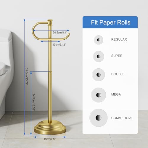 RUMOSE Toilet Paper Holder Stand for Floor, Brushed Gold | Bathroom Free Standing Toilet Tissue Roll Holder with Storage, Adjustable 17-25 Inch, Rustproof, SUS304 Stainless Steel - color: Brushed Gold
