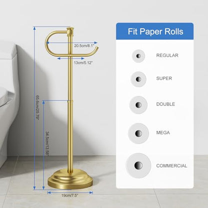 RUMOSE Toilet Paper Holder Stand for Floor, Brushed Gold | Bathroom Free Standing Toilet Tissue Roll Holder with Storage, Adjustable 17-25 Inch, Rustproof, SUS304 Stainless Steel - color: Brushed Gold