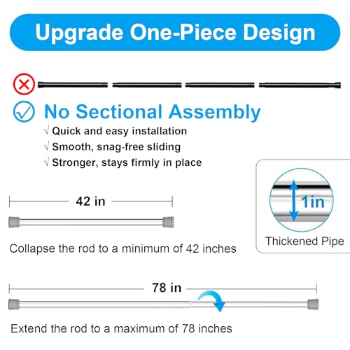 No Sectional Assembly Tension Curtain Rod 42-78 Inch | 1" Diameter Spring Long Adjustable Shower Curtain Rods for Bathroom Windows Closet No Drilling No Rust, Silver - color: Silver, size: 42-78Inch, No Assembly
