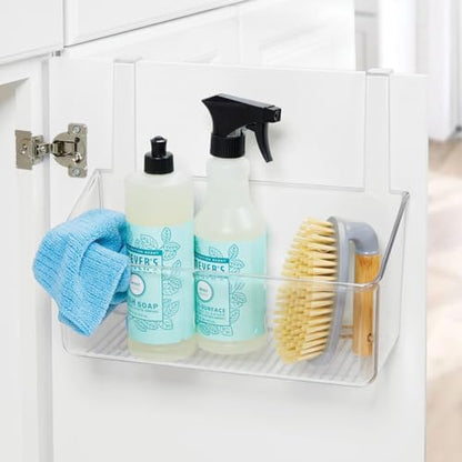 mDesign Plastic Over Cabinet Door Storage Organizer Bin for Kitchen, Pantry, Bathroom, Laundry, Utility Room - Hang Outside or Inside Door - Holds Lunch Bags, Shampoo, Cleaning Supplies, Large - Clear
