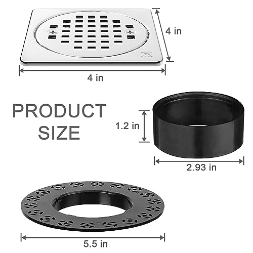 4 Inch Shower Floor Drain with Flange, Square Shower Drain Kit | SS304 Stainless Steel and ABS Material, Height Adjustment Collar and Ring - Chrome - color: Chrome