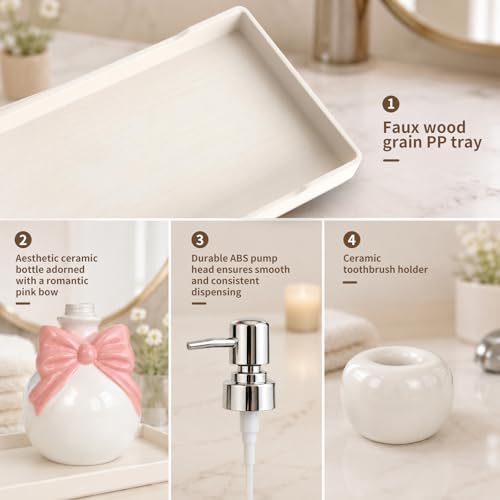 Pink Bathroom Accessories Ceramic Pink Bow Bathroom Set for Bathroom Vanity - Includes Tray, Soap Pump, Toothbrush Holder - color: Pink