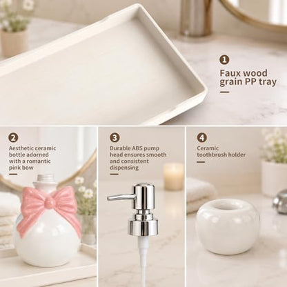 Pink Bathroom Accessories Ceramic Pink Bow Bathroom Set for Bathroom Vanity - Includes Tray, Soap Pump, Toothbrush Holder - color: Pink