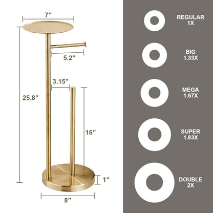 Toilet Paper Holder Stand Gold: Free Standing Tissue Roll Holder with Phone Shelf - Toilet Roll Dispenser Storages for 4 Rolls, Durable Stainless Steel for Bathroom