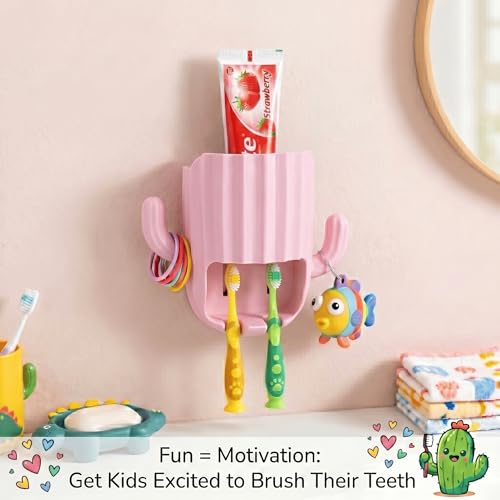 Kids Toothbrush Holder Wall Mount, Cute Cactus (Light Pink) | Bathroom Organizer, PP Cactus Holder, Toothbrush Toothpaste Hair Tie Accessories,Multi-Function Organizer - color: Pink